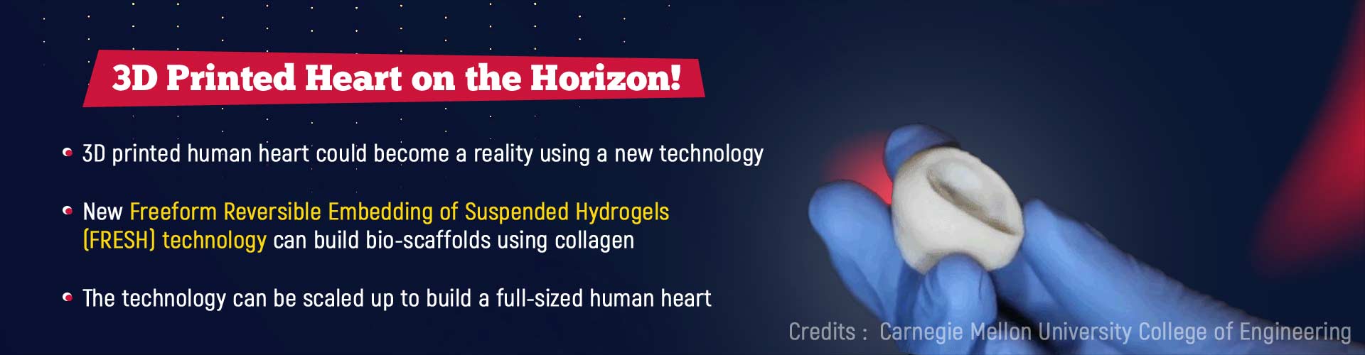 3D printed heart on the horizon. 3D printed human heart could become a reality using a new technology. New Freeform Reversible Embedding of Suspended Hydrogels (FRESH) technology can build bio-scaffolds using collagen. The technology can be scaled to build a full-sized human heart.