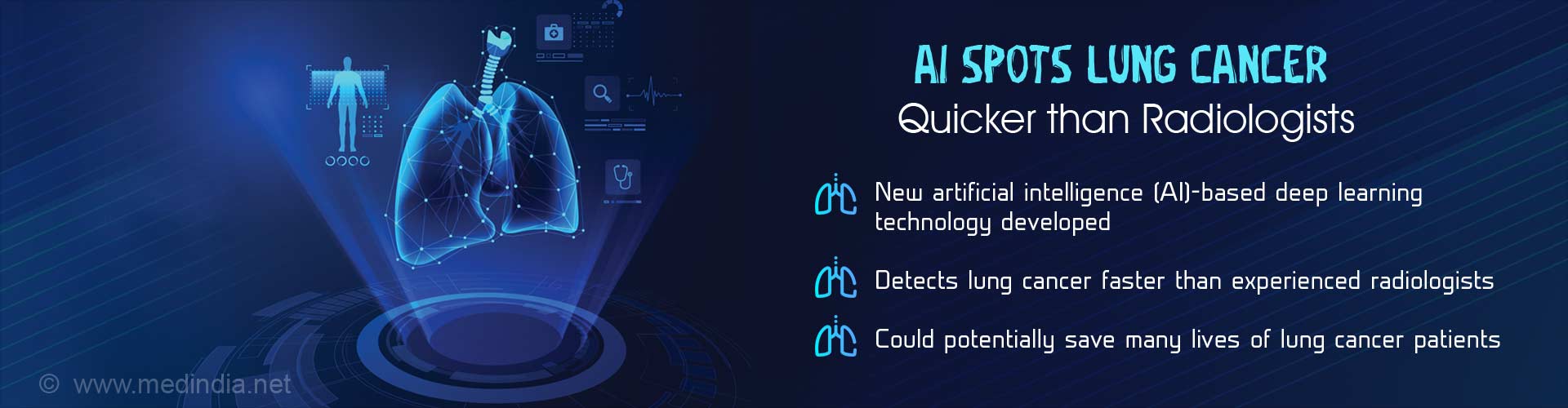 AI spots lung cancer quicker than radiologists. New artificial intelligence (AI)-based deep learning technology developed. Detects lung cancer faster than experienced radiologists
Could potentially save many lives of lung cancer patients.