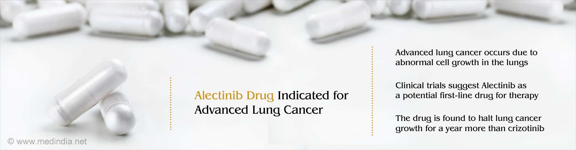 Alectinib drug indicated for advanced lung cancer
- Advanced lung cancer occurs due to abnormal cell growth in the lungs
- Clinical trials suggest Alectinib as a potential first-line drug for therapy
- The drug is found to halt lung-cancer growth for a year more than crizotinib
