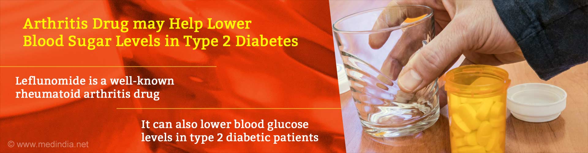 arthritis drug may help lower blood sugar levels in type 2 diabetes
- leflunomide is a well0known rheumatoid arthritis drug
- it can also lower blood glucose levels in type 2 diabetes patients
