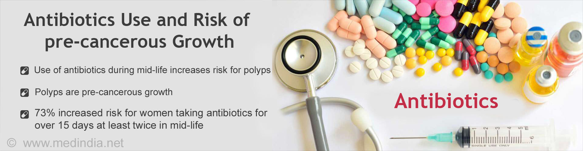 Antobiotics Use and Risk of Pre-cancerous Growth
- Use of antibiotics during mid-life increases risk of polyps
- Polyps are pre-cancerous growth
- 73% increased risk for mid-life women taking antobiotics for over 15 days