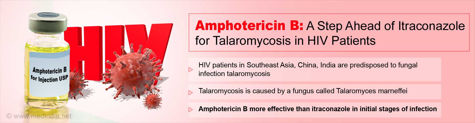 Amphotericin B: A Step Ahead of itraconazole for talaromycosis in HIV patients
- HIV patients in Southeast Asia, China, India are predisposed to fungal infection talaromycosis
- Talaromycosis is caused by a fungus called Talaromyces marneffei
-  Amphotericin B more effective than itraconazole in initial stages of infection
