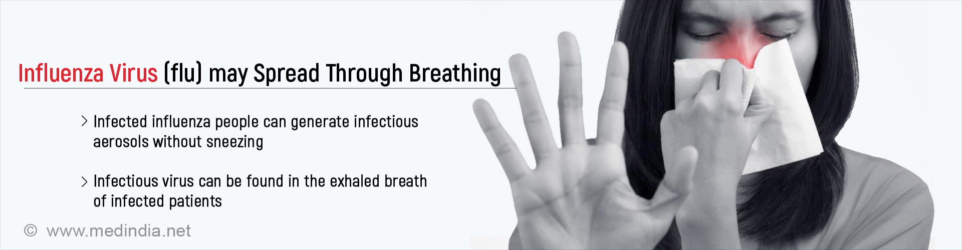 influenza virus (flu) may spread through breathing
- infected influenza people can generate infections aerosols without sneezing
- infectious virus can be found in the exhaled breath of infected patients