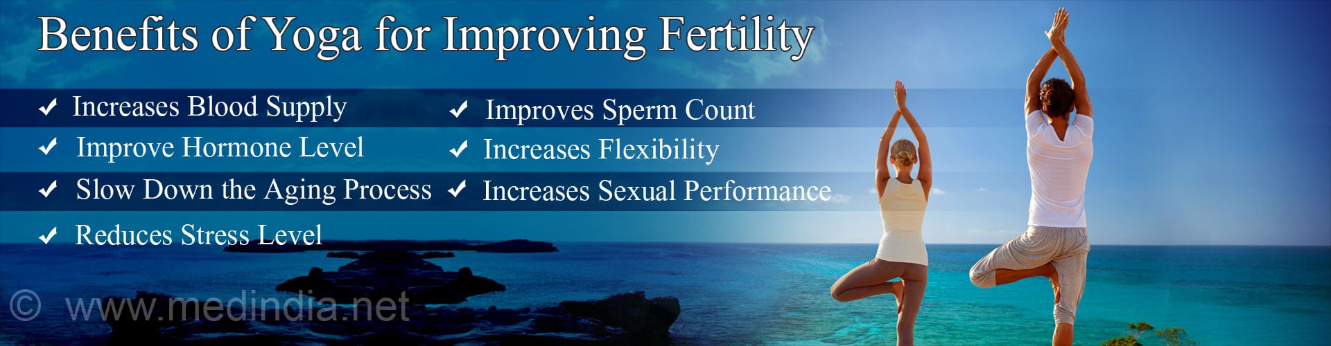 Benefits of Yoga for Improving Fertility
- Increases Blood Supply
- Improves Hormone Level
- Slows down the aging process
- Reduces stress level
- Improves sperm count
- Increases flexibility
- Increases sexual performance