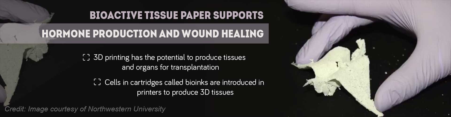 Bioactive tissure paper supports hormone production and wound healing
- 3D printing has the potential to produce tissues and organs for transplantation
- cells in cartridges called bioinks are introduced in printers to produce 3D tissues