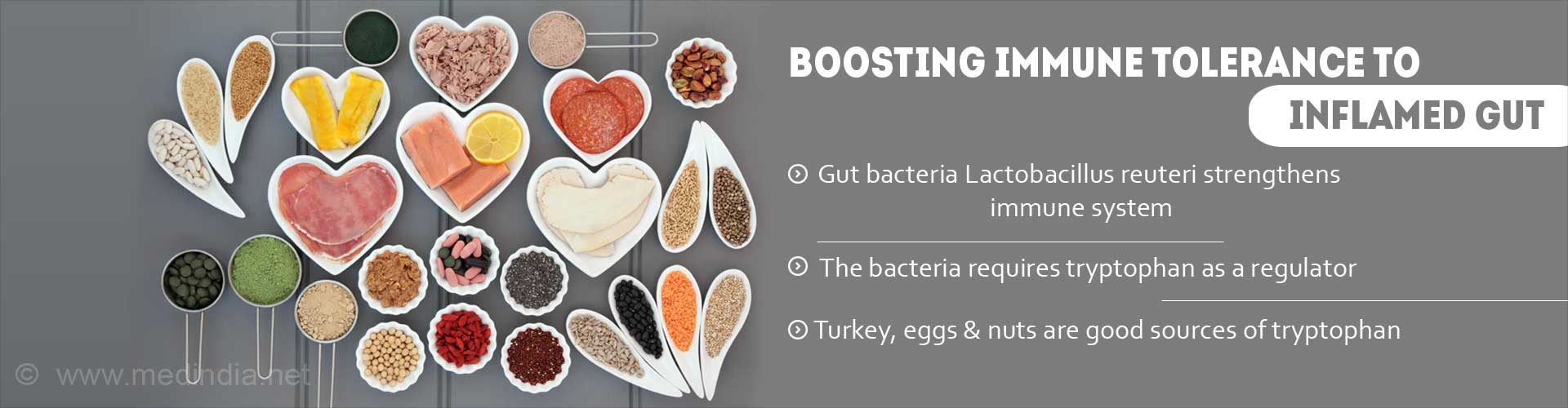 boosting immune tolerance to inflamed gut
- gut bacteria lactobacillus reuteri strengthens immune system
- the bacteria requires tryptophan as a regulator
- turkey, eggs & nuts are good sources of tryptophan