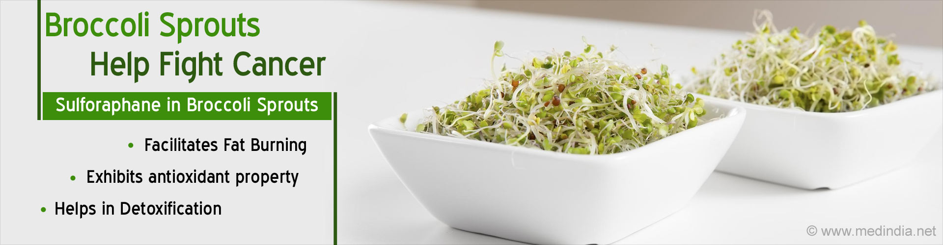 Broccoli Sprouts Help Fight Cancer
Sulforaphane in Broccoli Sprouts
- Facilitates Fat Burning
- Exhibits antioxidant property
- Helps in detoxification