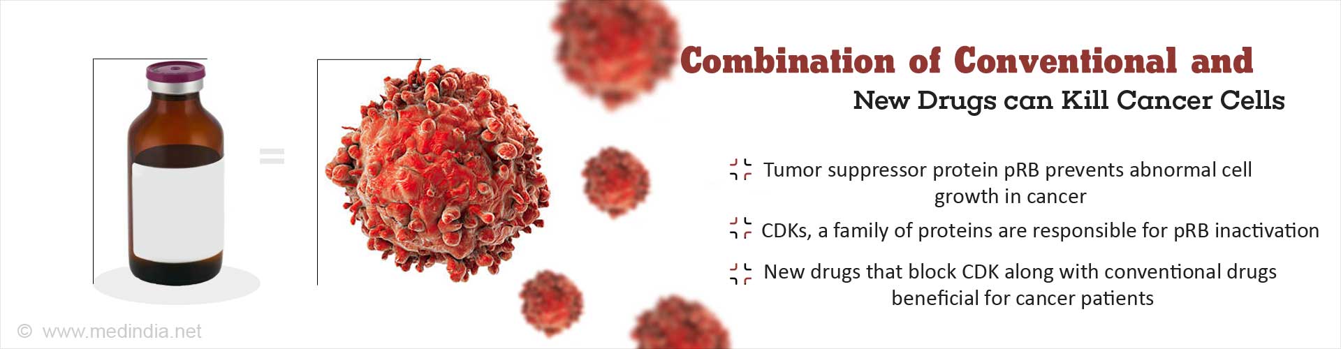 Combination of Conventional and New Drugs can Kill Cancer Cells
- Tumor suppressor protein pRB prevents abnormal cell growth in cancer
- CDKs, a family of proteins are responsible for pRB inactivation
- New drugs that block CDK along with conventional drugs beneficial for cancer patients