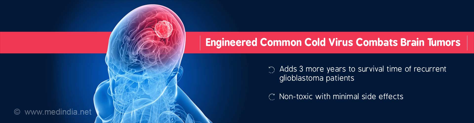 engineered common cold virus combats brain tumors
- adds 3 more years to survival time of recurrent glioblastoma patients
- non-toxic with minimal side effects