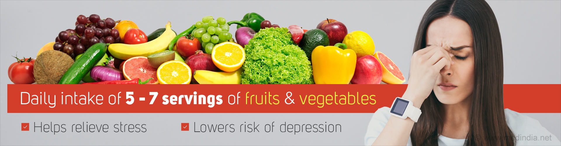 Daily intake of 5-7 servings of fruits & vegetables
- helps relieve stress
- lowers risk of depression
