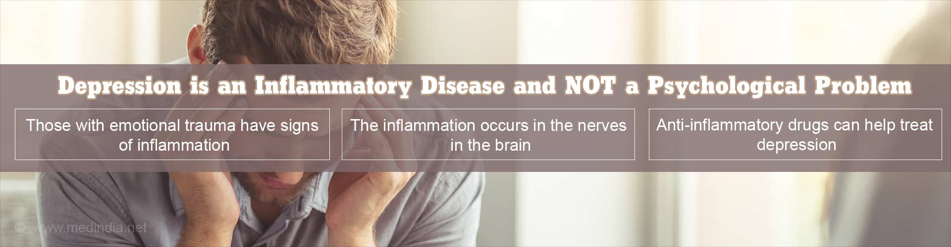 Depression is an inflammatory disease and NOT a psychological problem
- Those with emotional trauma have signs of inflammation
- The inflammation occurs in the nerves in the brain
- Anti-inflammatory drugs can help treat depression