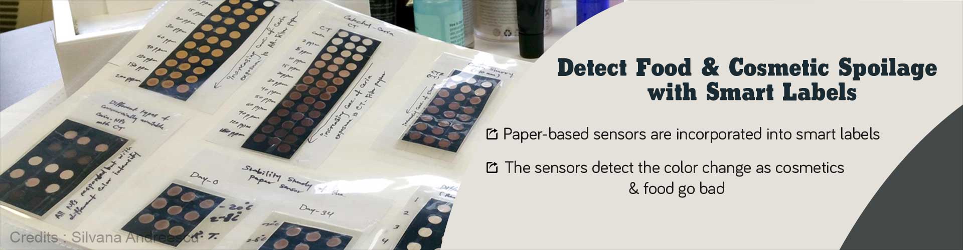 detect food & cosmetic spoilage with smart labels
- paper-based sensors are incorporated into mart labels
- the sensors detect the color change as cosmetics and food go bad 
