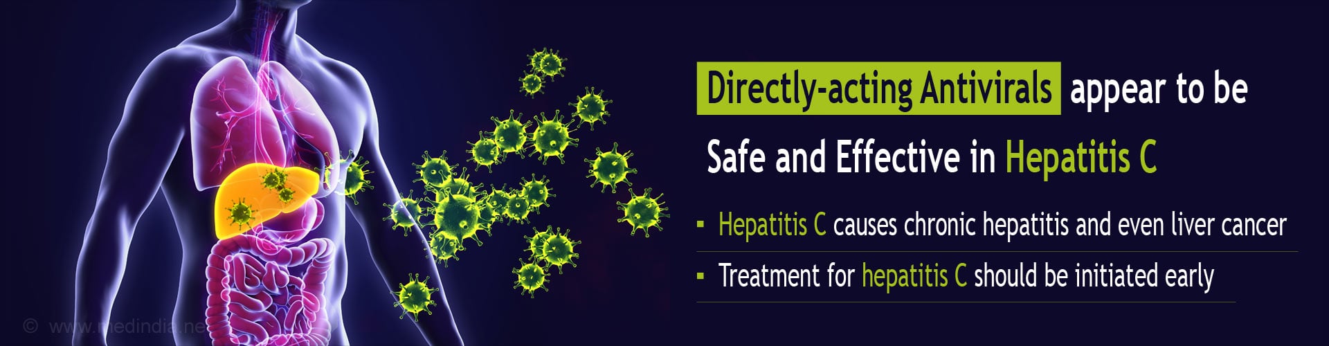 Directly-acting antivirals appear to be safe and effective in hepatitis C
- Hepatitis C causes chronic hepatitis and even liver cancer
- Treament for hepatitis C should be initiated early