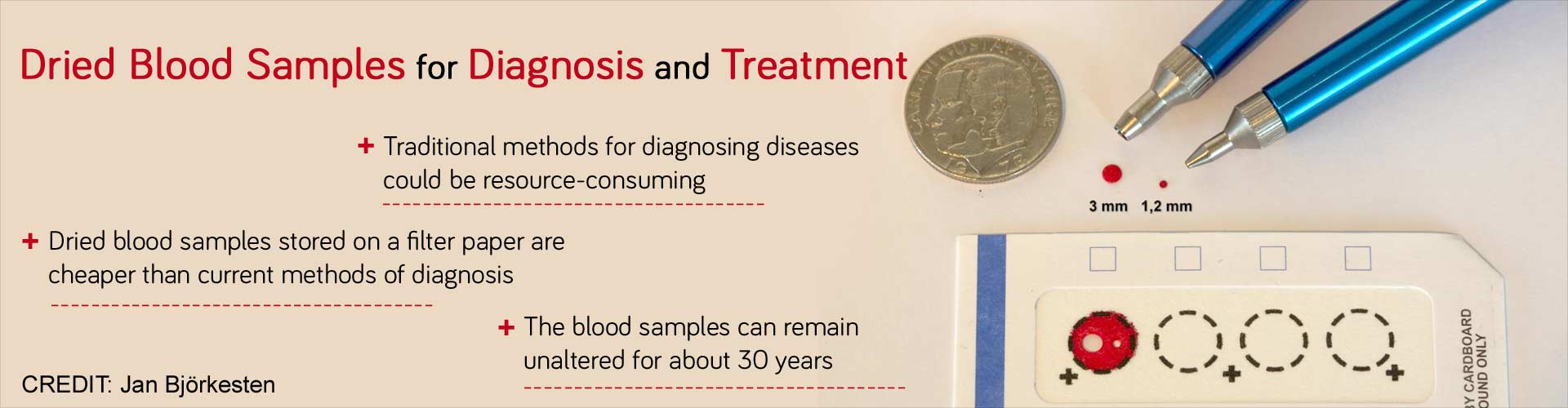 Dried blood samples for diagnosis and treatment
- Traditional methods for diagnosing diseases could be resource-consuming
- Dried blood samples stored on a filter paper are cheaper than current methods of diagnosis
- The blood samples can remain unaltered for about 30 years