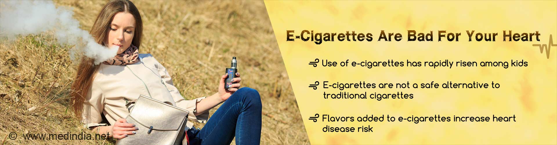 E-cigarettes are bad for your heart. Use of e-cigarettes has rapidly risen among kids. E-cigarettes are not a safe alternative to traditional cigarettes. Flavors added to e-cigarettes increase heart disease risk.