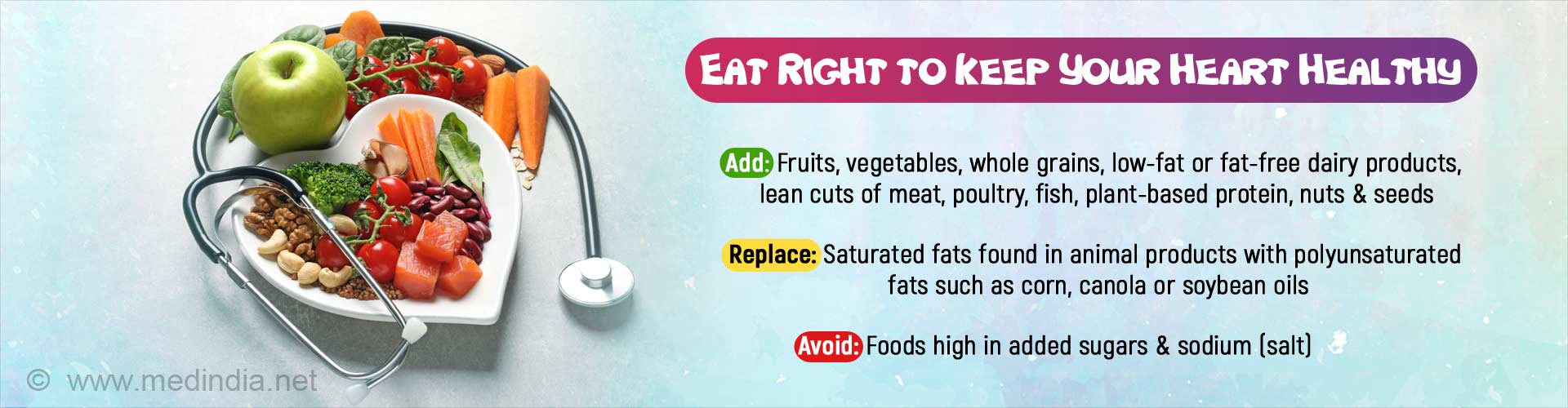 Eat right to keep your heart healthy. Add: Fruits, vegetables, whole grains, low-fat or fat-free dairy products, lean cuts of meat, poultry, fish, plant-based protein, nuts and seeds. Replace: Saturated fats found in animal products with polyunsaturated fats such as corn, canola or soybean oils. Avoid: Foods high in added sugars and sodium (salt).