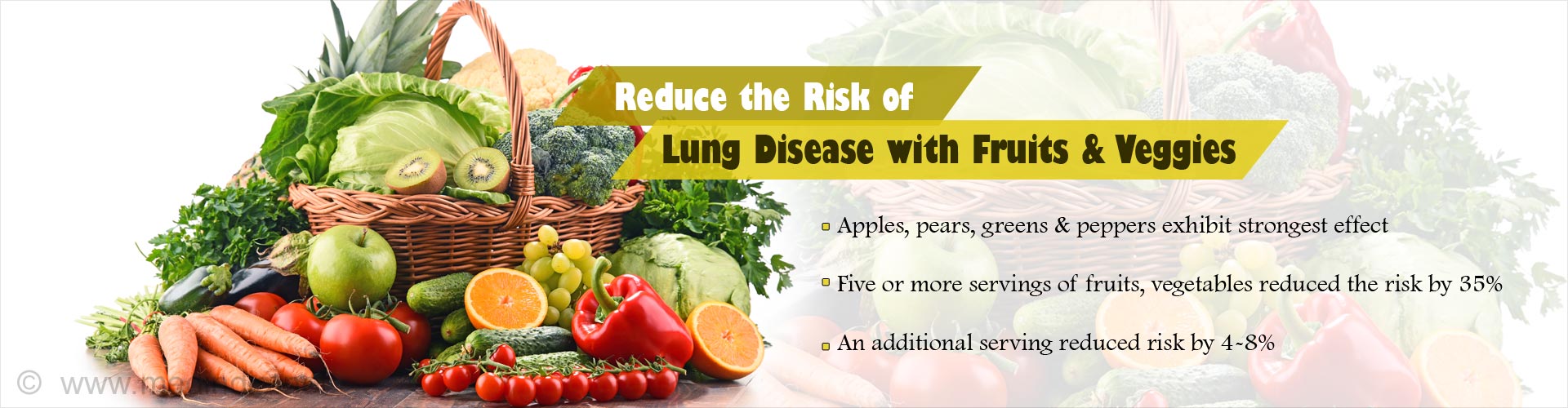 Reduce the risk of lung disease with fruits & veggies
- Apples, pears, greens & peppers exhibit strongest effect
- Five or more servings of fruits, vegetables reduced the risk by 35%
- An additional serving reduced risk by 4-8%