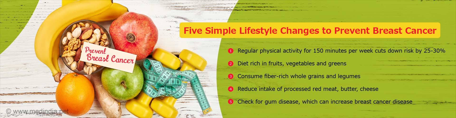Five simple lifestyle changes to prevent breast cancer
- regular physical activity for 150 minutes per week cuts down risk by 25-30%
- Diet rich in fruits, vegetables and greens
- Consume fiber-rich whole grains and legumes
- Reduce intake of processed red meat, butter cheese
- Check for gum disease, which can increase breast cancer disease