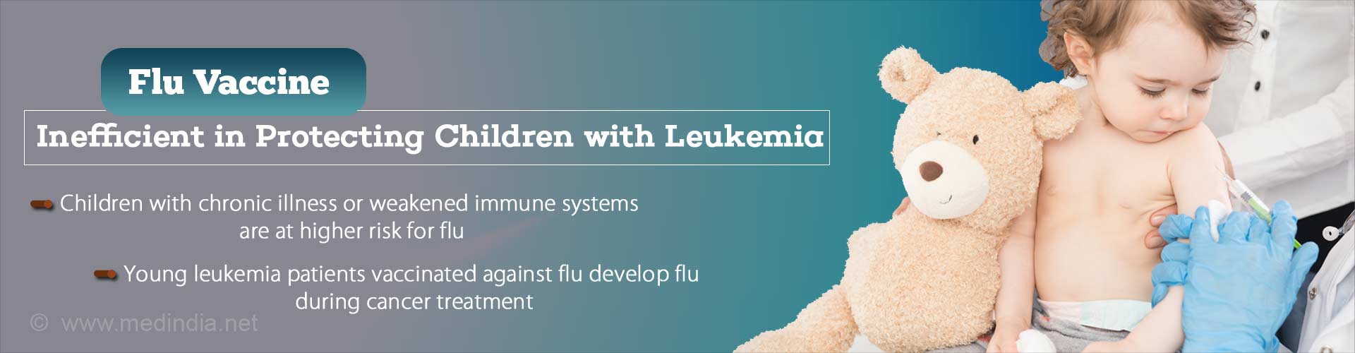 Flu vaccine inefficient in protecting children with leukemia
- children with chronic illness or weakened immune systems are at higher risk for flu
- Young leukemia patients vaccinated against flu develop flu during cancer treatment