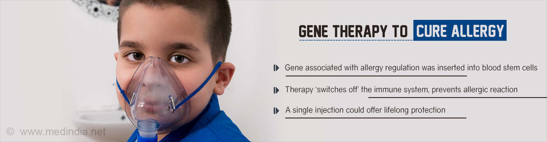 Gene therapy to cure allergy
- Gene associated with allergy regulation was inserted into blood stem cells
- Therapy 