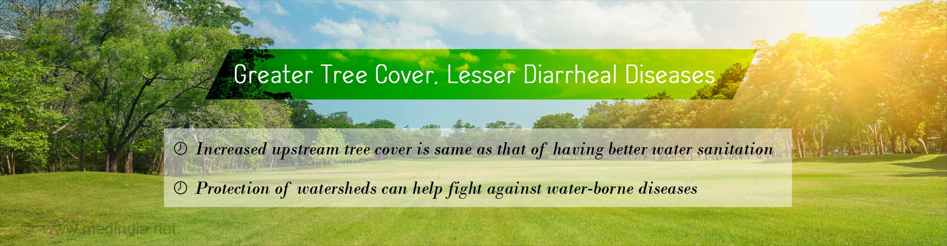 greater tree cover. lesser diarrheal diseases
- increased upstream tree cover is same as that of having better water sanitation
- protection of watersheds can help fight against water-borne diseases