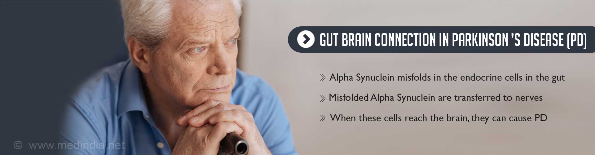 Gut brain connection in Parkinson's Disease (PD)
- Alpha Synuclein misfold in the endocrine cells in the gut
- Misfolded Alpha Synuclein are transferred to nerves
- When these cells reach the brain, they can cause PD