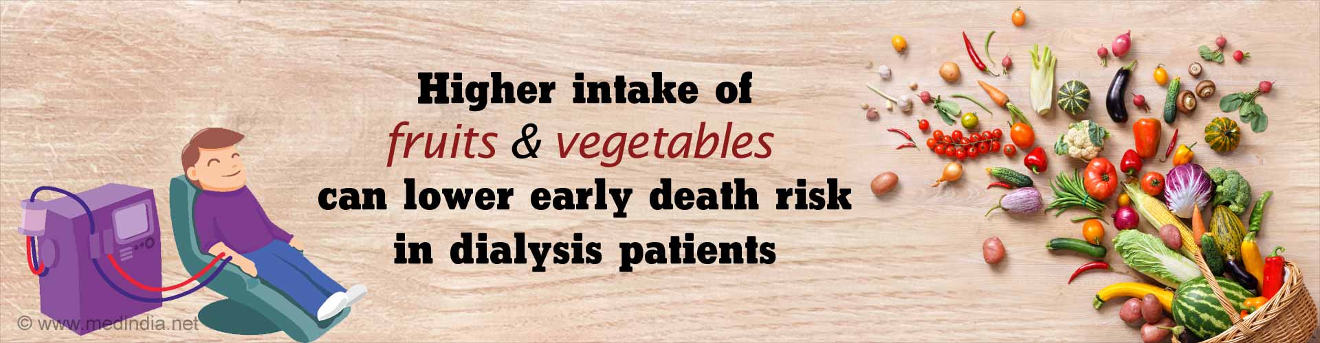 Higher intake of fruits and vegetables can lower early death risk in dialysis patients.
