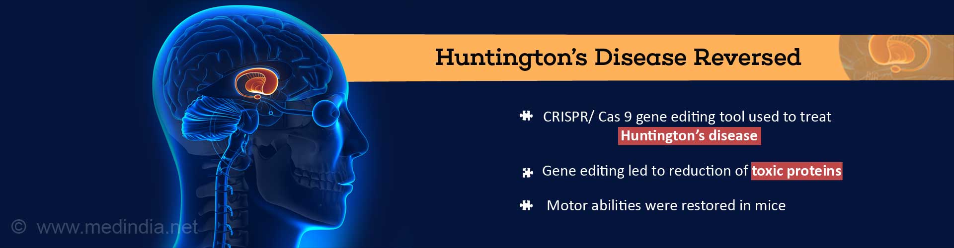 Huntington's Disease Reversed
- CRISPR/Cas 9 gene editing tool used to treat Huntington's Disease
- Gene editing led to reduction of toxic proteins
- Motor abilities were restored in mice
