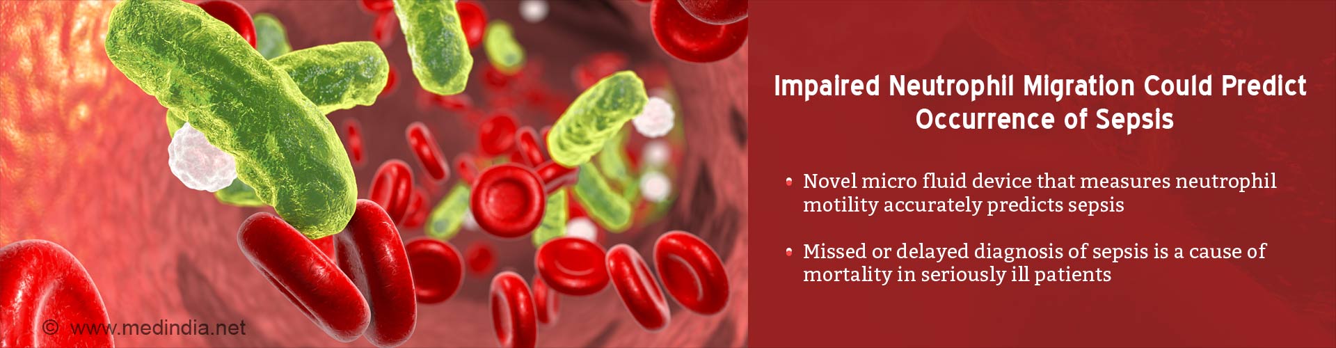 impaired neutrophil migration could predict occurrence of sepsis
- novel micro fluid device that measures neutrophil motility accurately predicts sepsis
- missed or delayed diagnosis of sepsis is a cause of mortality in seriously ill patients