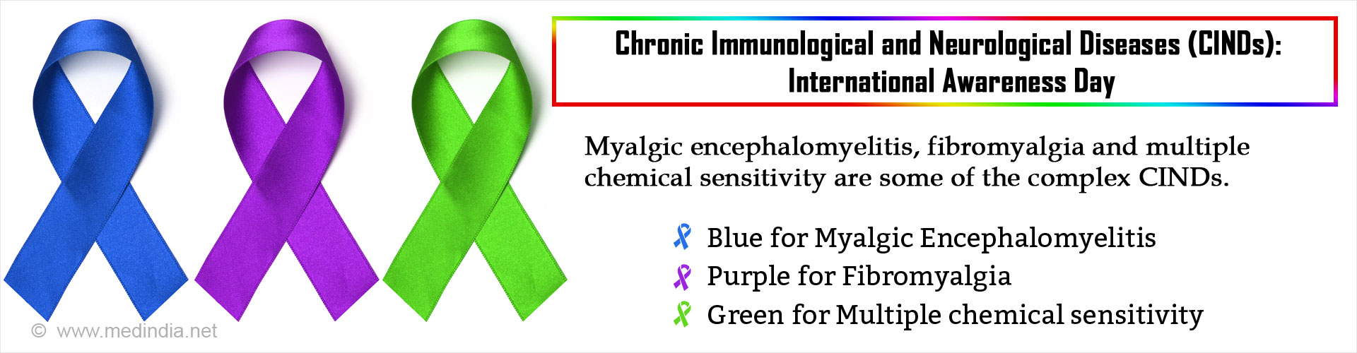 Chronic immunological and neurological diseases (CINDs) International Day
Myalgic encephalomyelitis, fibro
myalgia and mutltiple chemical sensitivity are some of the complex CINDs
Blue for Myalgic Encephalomyelitis
Purple for Fibromyalgia 
Green for Multiple chemical sensitivity