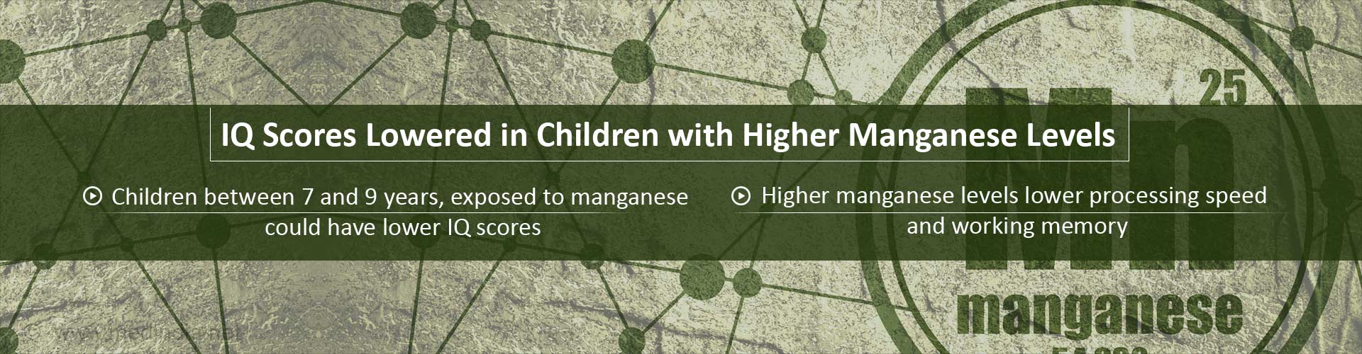 IQ Scores Lowered in Children with Higher Manganese Levels
- Children between 7 and 9 years, exposed to manganese could have lower IQ scores
- Higher manganese levels lower processing speed and working memory