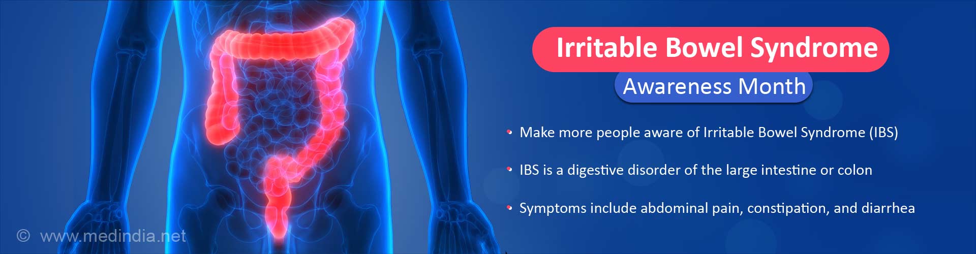 Irritable Bowel Syndrome - Awareness Month
- Make more people aware of Irritable Bowel Syndrome (IBS)
- IBS is a digestive disorder of the large intestine or colon
- symptoms include abdominal pain, constipation and diarrhea