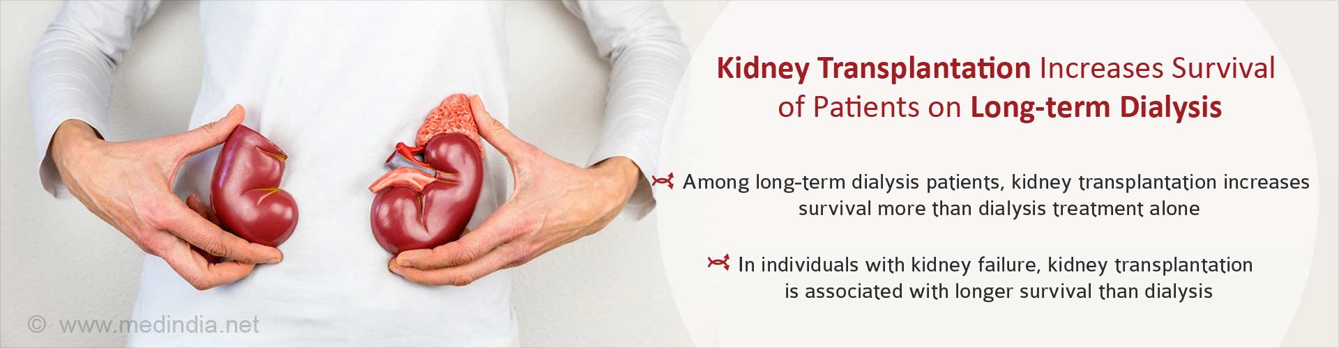Kidney Transplantation Increases Survival of Patients on Long-term Dialysis
- Kidney transplantation is associated with better survival in patients who have been on dialysis for more than ten years
- In individual with kidney failure, kidney transplantation is associated with longer survival than dialysis