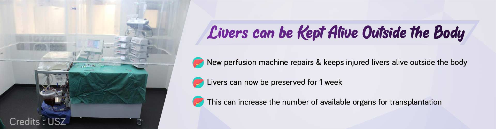 Livers can be kept alive outside the body. New perfusion machine repairs & keeps injured livers alive outside the body. Livers can now be preserved for 1 week. This can increase the number of available organs for transplantation.