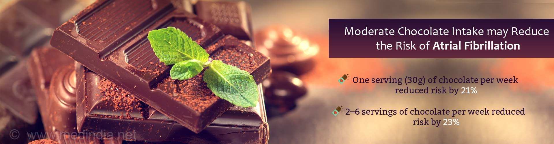 Moderate chocolate intake may reduce the risk of atrial fibrillation
- One serving (30g) of chocolate per week reduced risk by 21%
- 2-6 servings of chocolate per week reduced risk by 23%