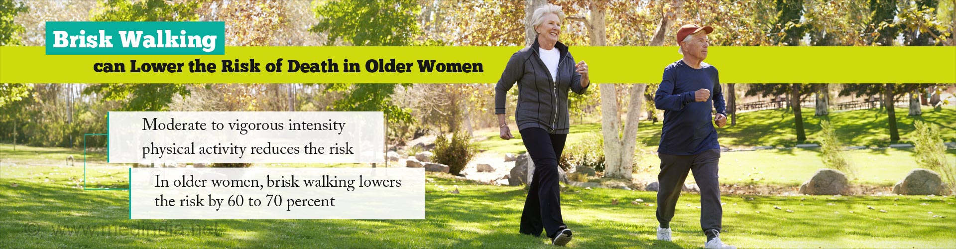 Brisk walking can lower the risk of death in older women
- Moderate to vigorous intensity physical activity reduces the risk
- In older women. brisk walking lowers the risk by 60 to 70 percent