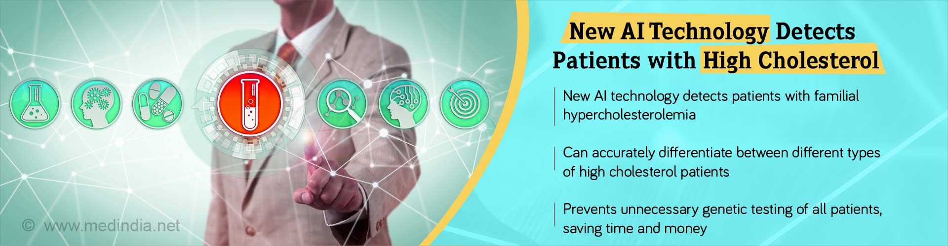 New AI technology detects patients with high cholesterol. New AI based technology detects patients with familial hypercholesterolemia. Can accurately differentiate between different types of high cholesterol patients. Prevents unnecessary genetic testing of all patients, saving time and money.