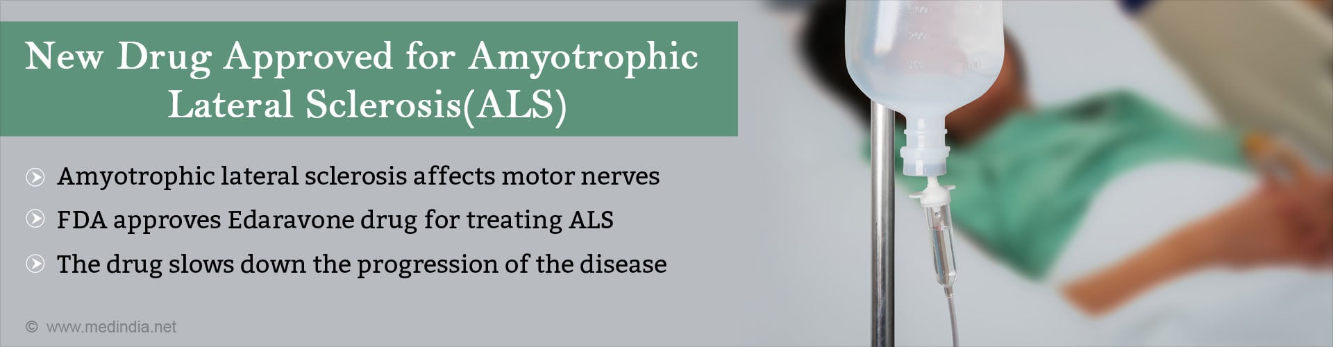 New drug approved for amyotrophic lateral sclerosis (ALS)
- ALS affects motor nerves
- FDA approves Edaravone drug for treating ALS
- The drug slows down the progession of the disease