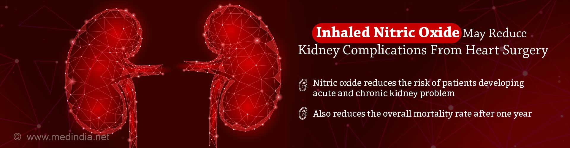 Inhaled nitric oxide may reduce kidney complications from heart surgery. Nitric oxide reduces the risk of patients developing acute and chronic kidney problem. Also reduces the overall mortality rate after one year.