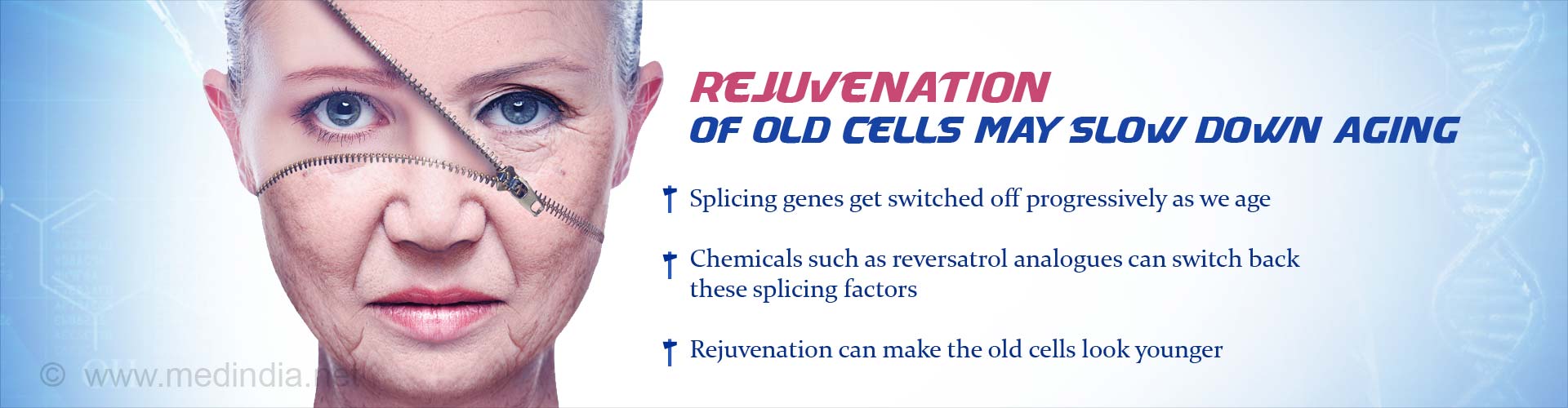 rejuvenation of old cells may slow down aging
- splicing genes get switched off progressively as we age
- chemicals such as reversatrol analogues can switch back these splicing factors
- rejuvenation can make the old cells look younger