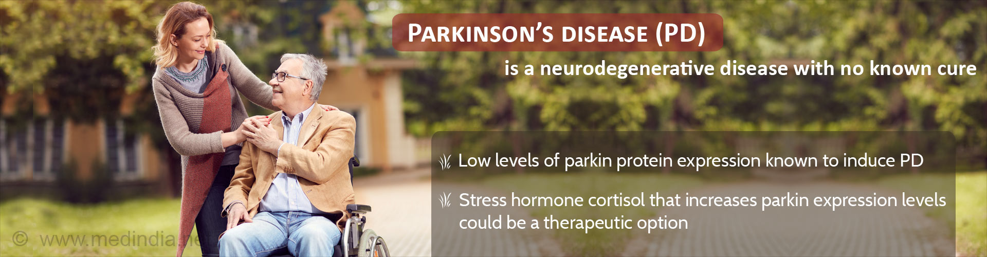 Parkinson's Disease (PD) is a neurodegenerative disease with no known cure
- Low levels of parkin protein expression known to induce PD
- Stress hormone cortisol that increase parkin protein expression levels could be a therapeutic option