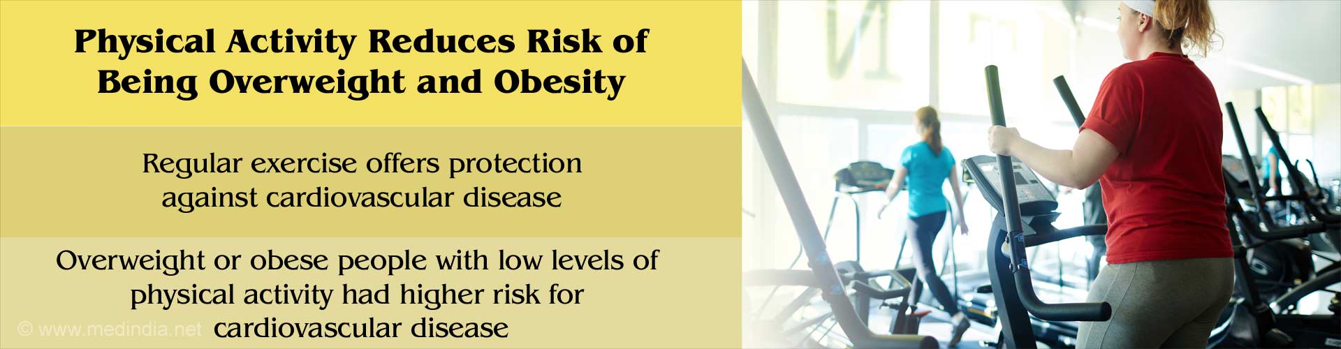 physical activity reduces risk of being overweight and obesity
- regular exercise offers protection against cardiovascular disease
- overweight or obese people with low levels of physical activity had higher risk for cardiovascular disease
