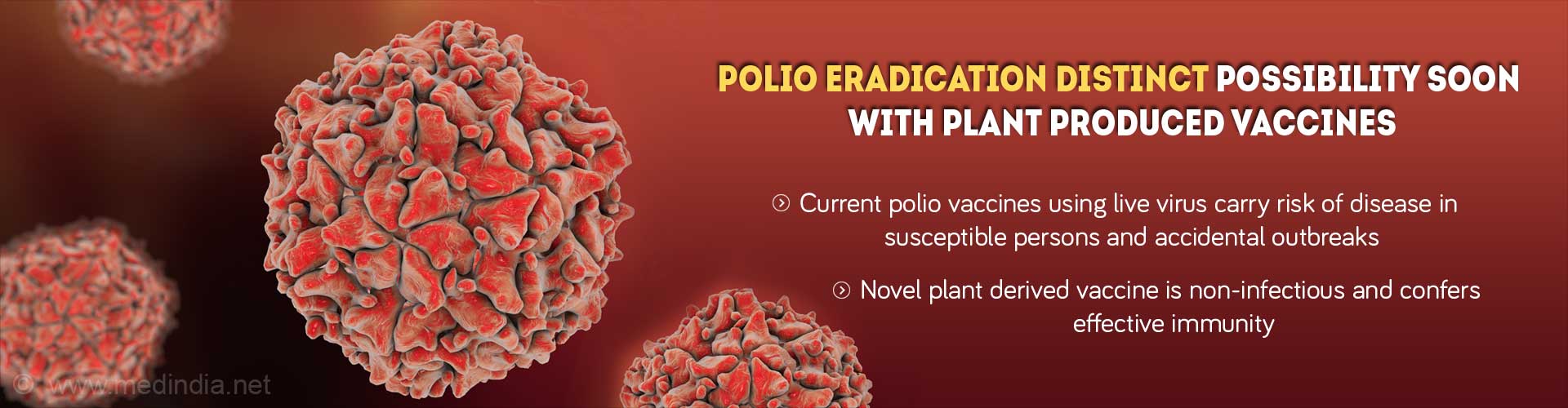 polio eradication distinct possibility soon with plant produced vaccines
- current polio vaccines using live virus carry risk of disease in susceptible persons and accidental outbreaks
- naval plant derived vaccine is non-infectious and confers effective immunity