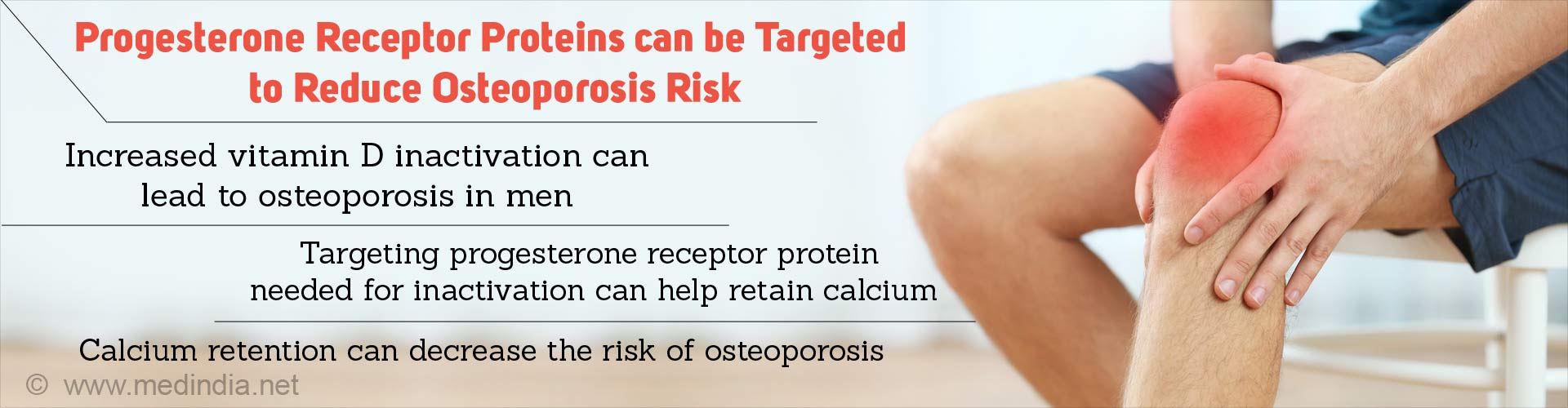 progesterone receptor proteins can be targeted to reduce osteoporosis risk
- increased vitamin D inactivation can lead to osteoporosis in men
- targeting progesterone receptor protein needed for inactivation can help retain calcium
- calcium retention can decrease the risk of osteoporosis