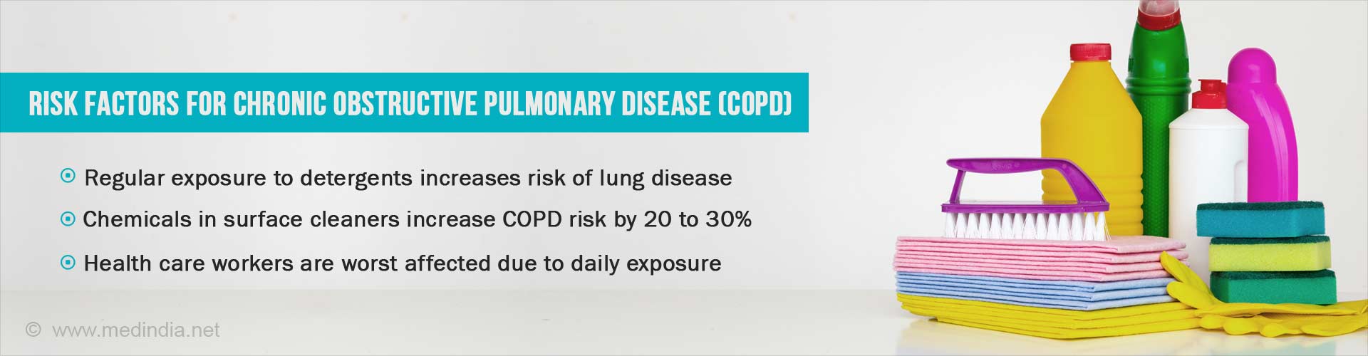 Risk factors for chronic obstructive pulmonary disease (COPD)
- Regular exposure to detergents increases risk of lung disease
- Chemicals in surface cleaners increase COPD risk by 20-30%
- Health care workers are worst affected due to daily exposure