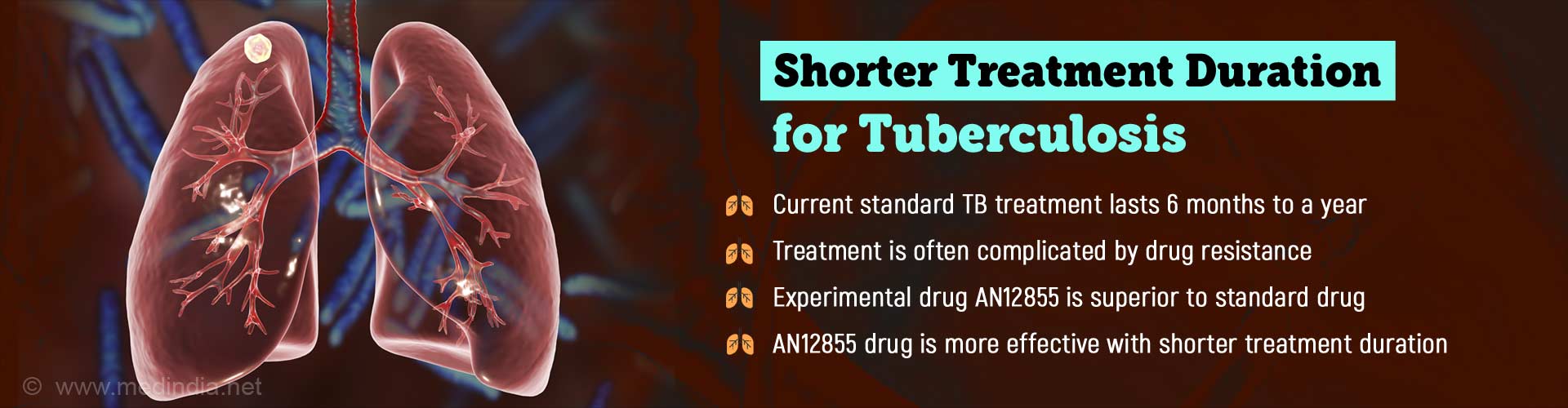 Shorter treatment duration for tuberculosis. Current standard TB treatment lasts 6 months to a year. Treatment is often complicated by drug resistance. Experimental drug AN12855 is superior to standard drug. AN12855 drug is more effective with shorter treatment duration.