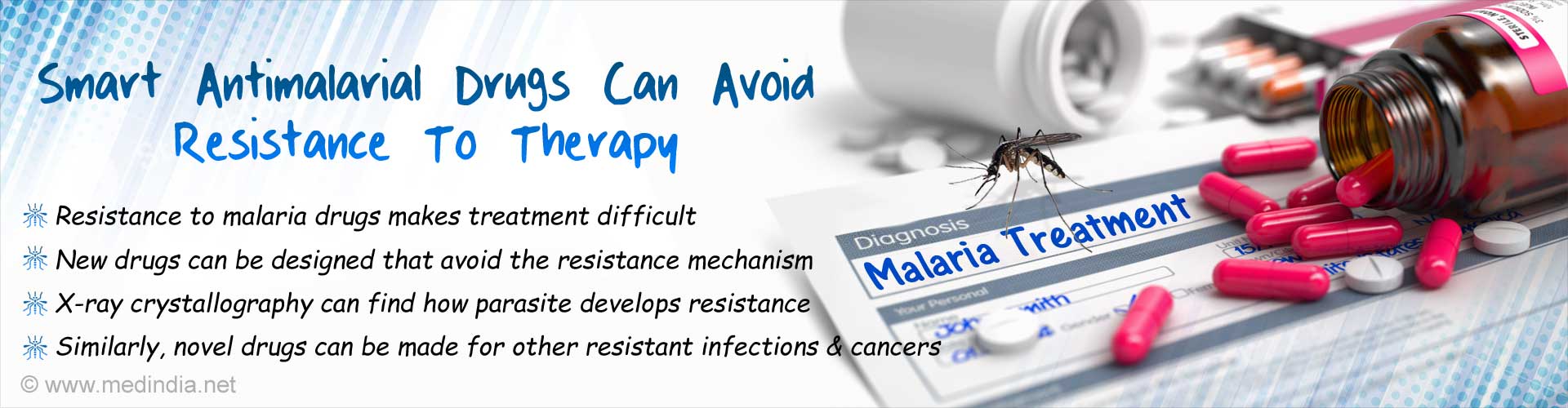 Smart antimalarial drugs can avoid resistance to therapy. Resistance to malarial drugs makes treatment difficult. New drugs can be designed that avoid the resistance mechanism. X-ray crystallography can find how parasite develops resistance. Similarly, novel drugs can be made for other resistant infections and cancers.

