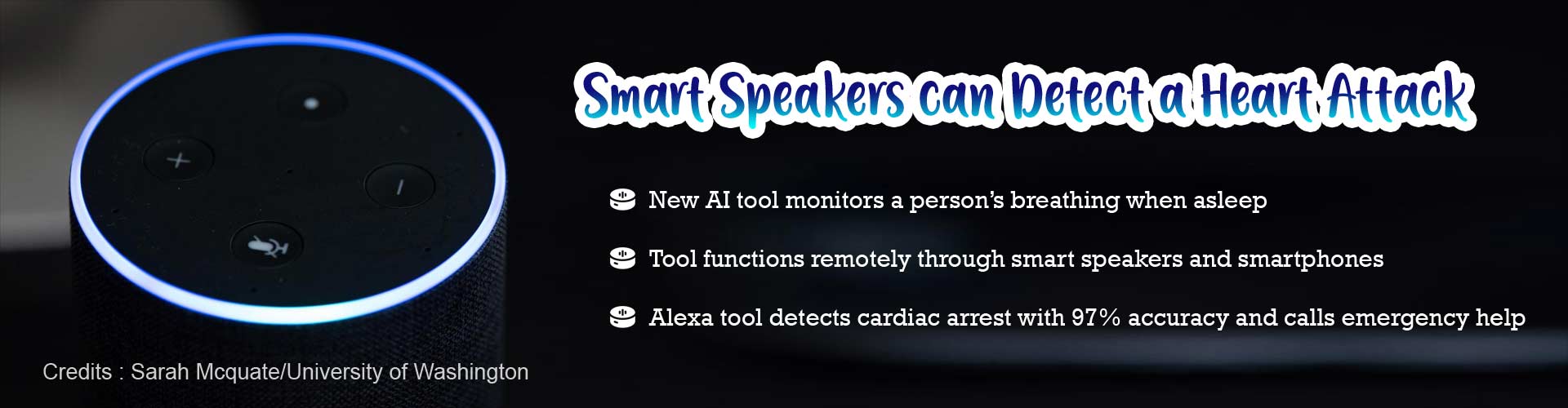 Smart speakers can detect a heart attack. New AI tool monitors a person's breathing when asleep. Tool functions remotely through smart speakers and smartphones. Alexa tool detects cardiac arrest with 97% accuracy and calls emergency help.