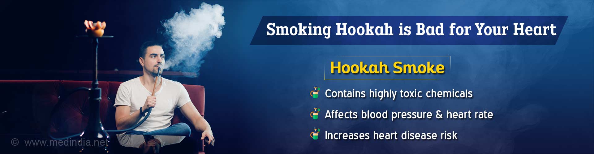 Smoking hookah is bad for your heart. Hookah smoke contains highly toxic chemicals, affects blood pressure & heart rate and increases heart disease risk.