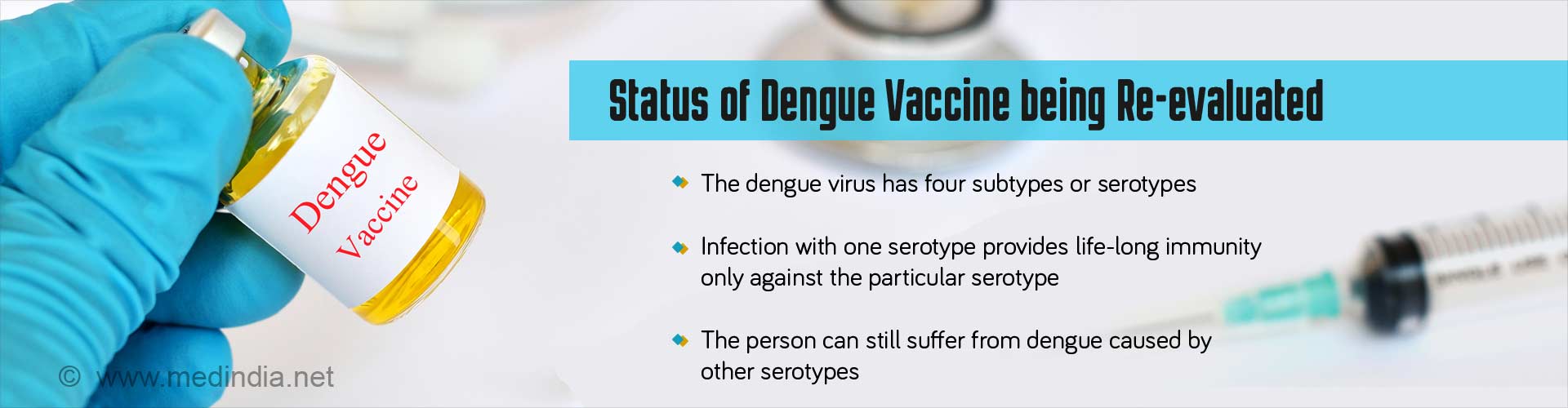Status of dengue vaccine being re-evaluated
- the dengue virus has four subtypes or serotypes
- infections with one serotype provides life-long immunity only against the particular serotype
- the person can still suffer from dengue caused by serotypes
